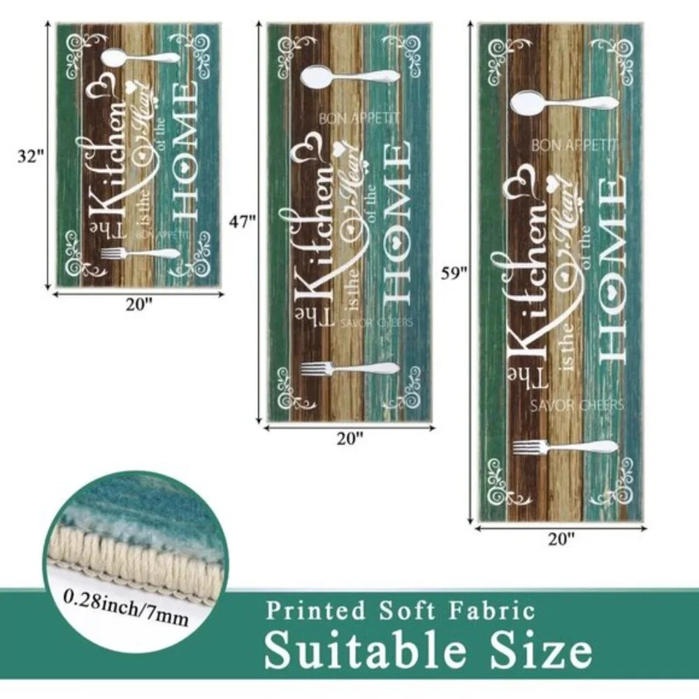 New 3-Piece Kitchen Area Rug Set, Washable Non-Slip Mats for Floor - Teal